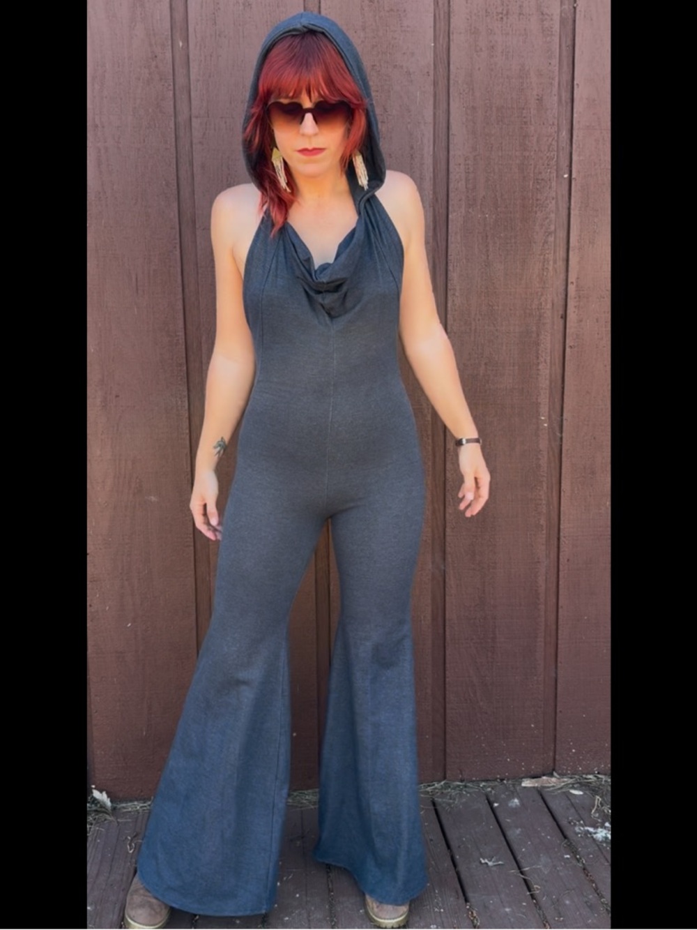Stretchy Denim Jumpsuit - Backless Halter Wide-Leg - Picture 6 of 8